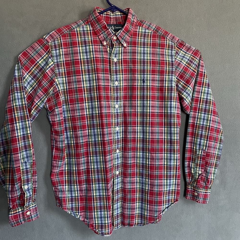 Ralph Lauren Classic Fit Mens Red Plaid Multi Color Button Down Shirt Blue Pony